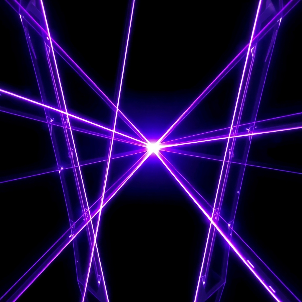 Asymmetric purple light vectors intersecting at sharp angles in deep void — sovereyn architecture of zero-extraction routing